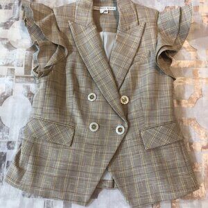 Veronica Beard Janae Plaid Flutter-sleeve Vest In Khaki Multi